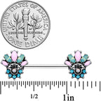 14G 9/16 Blue Green Pink Gem Fan Barbell Nipple Ring Set