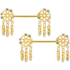 14G 5/8 Aurora CZ Gem Gold Tone Dreamcatcher Barbell Nipple Ring Set