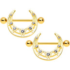 14G 5/8 Clear Gem Gold Tone Open Crescent Nipple Shield Set