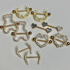 14G 5/8 Clear Gem Gold Tone Open Crescent Nipple Shield Set