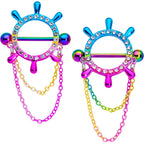14G 9/16 Clear Gem Rainbow Ships Wheel Chain Dangle Nipple Shield Set