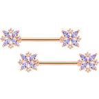 14G 5/8 Purple CZ Gem Rose Gold Tone Star Burst Nipple Ring Set