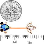 14G 9/16 Aqua Gem Rose Gold Tone Fish Barbell Nipple Ring Set
