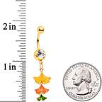 Clear Gem Gold Tone Autumn Leaves Fall Dangle Belly Ring