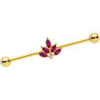 14G Dark Red Gem Gold Tone Autumn Leaves Industrial Barbell 38mm