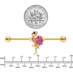 14G Pink Gem Gold Tone Fashion Flamingo Industrial Barbell 38mm