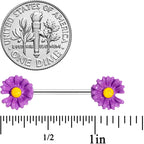 14G 5/8 Purple Daisy Flower Barbell Nipple Ring Set