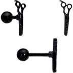 16G 1/4 Black Scissor Comb Hair Cartilage Tragus Earring Set of 3