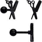 16G 1/4 Black Scissor Comb Hair Cartilage Tragus Earring Set of 3