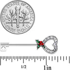 14G 9/16 Clear Gem Holiday Holly Key Heart Barbell Nipple Ring Set