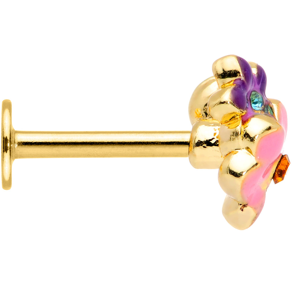 16G 5/16 Red Blue Gem Gold Tone Multi Flower Labret Monroe Tragus