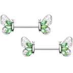14G 9/16 Green Gem Lacy Butterfly Barbell Nipple Ring Set