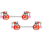 14G 9/16 Pink Gem Kitty Pumpkin Halloween Nipple Ring Set