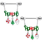 14G 11/16 Ho Ho Ho Santa Christmas Chain Dangle Nipple Ring Set