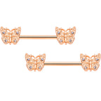 14G 9/16 Clear Gem Rose Gold Tone Butterfly Nipple Ring Set