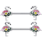14G 9/16 Pink Gem Funky Flamingo Barbell Nipple Ring Set