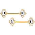 14G 9/16 Clear Gem Gold Tone Regal Rectangle Nipple Ring Set