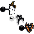 16G 1/4 Black Ghosts Hat Bat Halloween Cartilage Tragus Set of 3