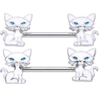 14G 9/16 Blue Eyed White Cat Barbell Nipple Ring Set