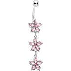 Pink Gem Flower Trio Dangle Belly Ring