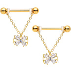 14G 11/16 Clear CZ Gem Gold Hue Beauty Bow Chain Nipple Ring Set