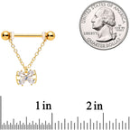 14G 11/16 Clear CZ Gem Gold Hue Beauty Bow Chain Nipple Ring Set