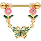 14G 9/16 Clear Gem Gold Tone Butterfly Flower Nipple Ring Set