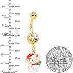Clear Gem Gold Tone White Cat Santa Hat Christmas Dangle Belly Ring