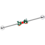 14G Green Red White Bow Christmas Industrial Barbell 38mm