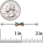 14G Green Red White Bow Christmas Industrial Barbell 38mm