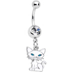 Clear Gem Blue Eyed White Cat Dangle Belly Ring