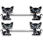 14G 9/16 Blue Eyed Black Cat Barbell Nipple Ring Set