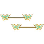 14G 9/16 Gold Tone Green Inlay Butterfly Barbell Nipple Ring Set