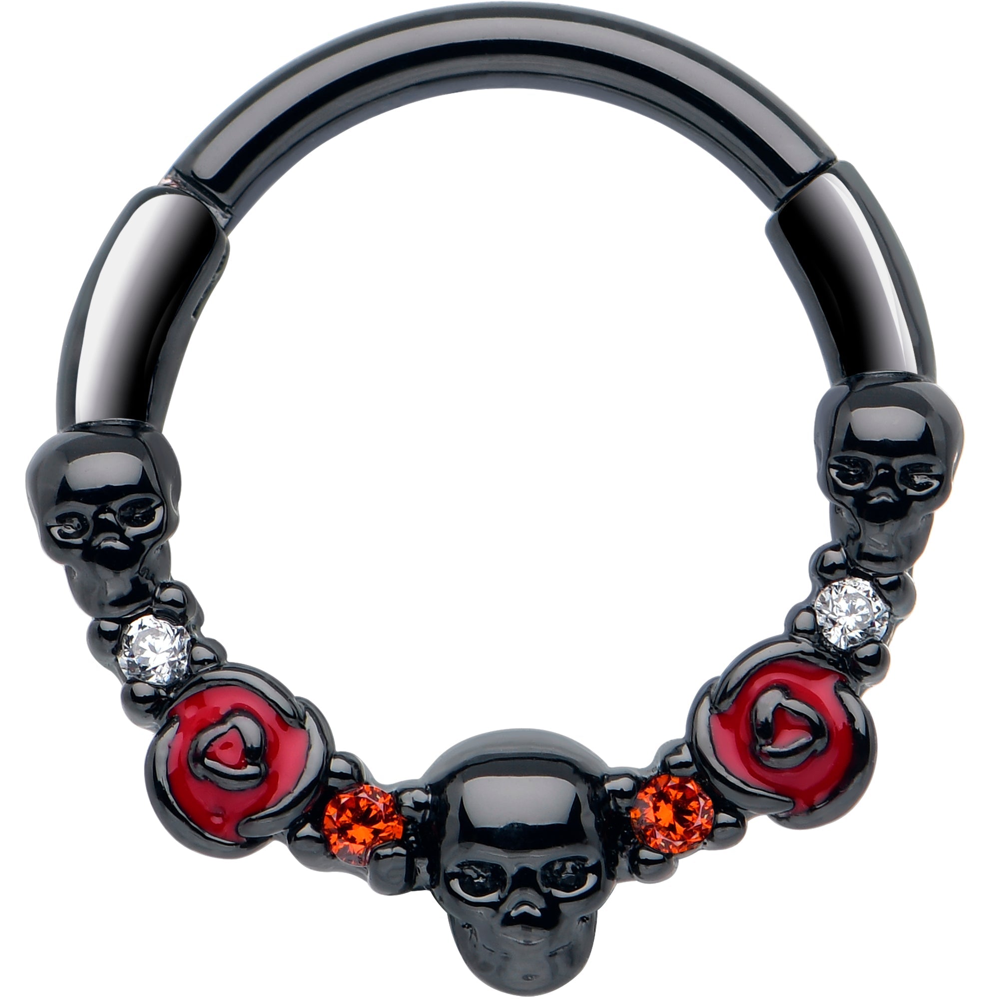 16G 3/8 Red Clear CZ Gem Black Skull Halloween Hinged Segment Ring