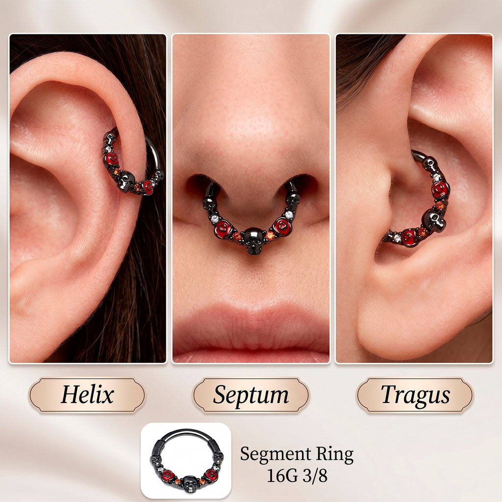 16G 3/8 Red Clear CZ Gem Black Skull Halloween Hinged Segment Ring