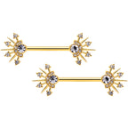 14G 5/8 Clear CZ Gem Gold Hue Elegant Crest Barbell Nipple Ring Set