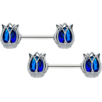 14G 9/16 Blue Gem Tulip Flower Barbell Nipple Ring Set