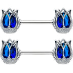 14G 9/16 Blue Gem Tulip Flower Barbell Nipple Ring Set