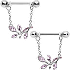 14G 9/16 Pink Gem Leaves of Love Chain Dangle Nipple Ring Set
