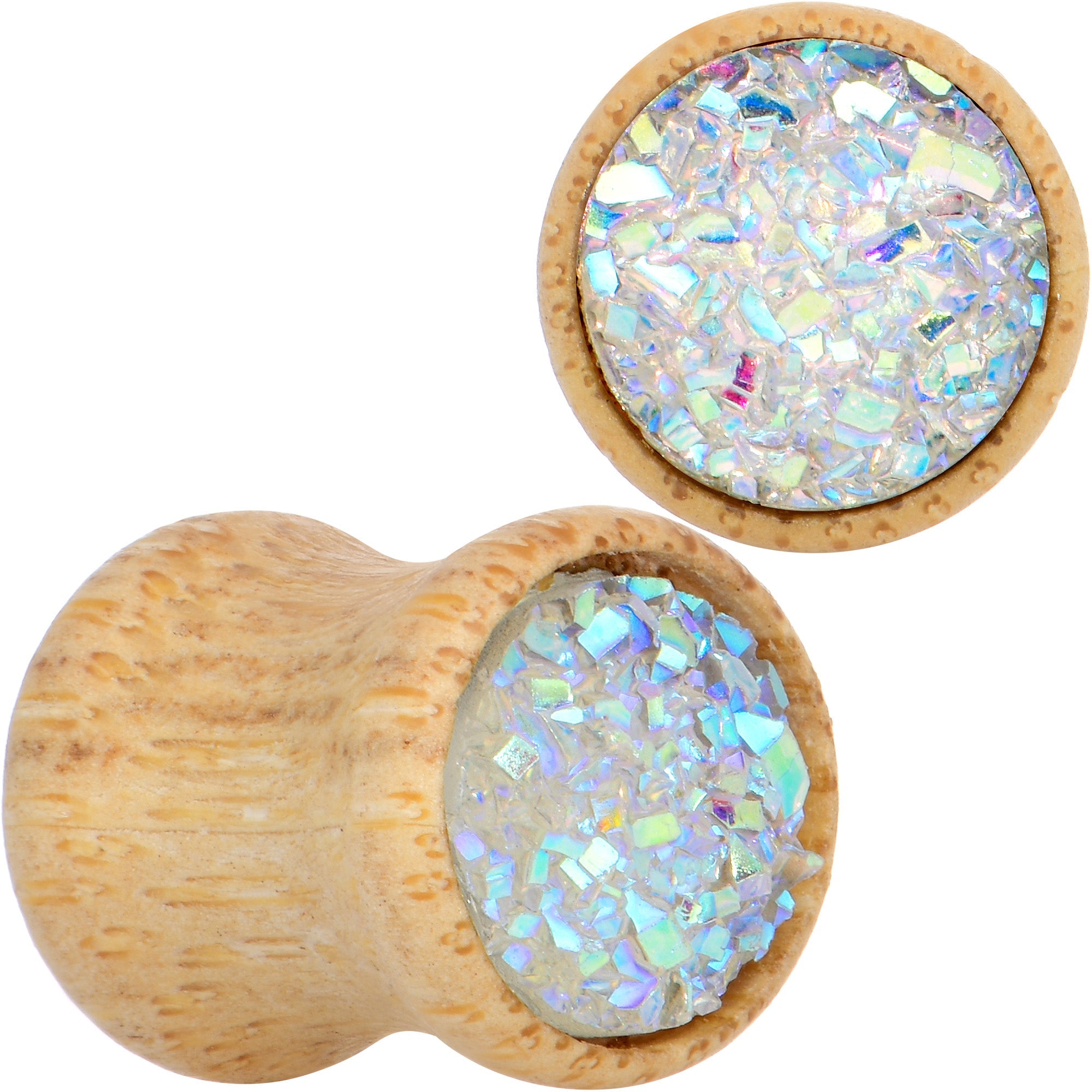 White Druzy Stone Wood Saddle Plug Set