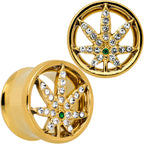 Green Gem Gold Tone Pot Leaf Double Flare Tunnel Plug Set