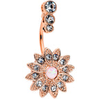 White Faux Opal Clear Gem Rose Gold Tone Triple Drop Floral Belly Ring