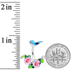 Clear Gem Blue Bird Pink Flowers Double Mount Belly Ring