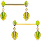 14G 5/8 Clear Gem Gold Tone Lush Leaves Dangle Nipple Ring Set
