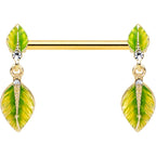 14G 5/8 Clear Gem Gold Tone Lush Leaves Dangle Nipple Ring Set