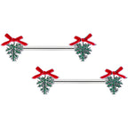 14G 9/16 Pine Bough Red Bow Christmas Barbell Nipple Ring Set