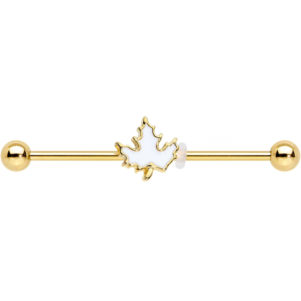 14G Gold Tone Autumn White Maple Leaf Industrial Barbell 38mm
