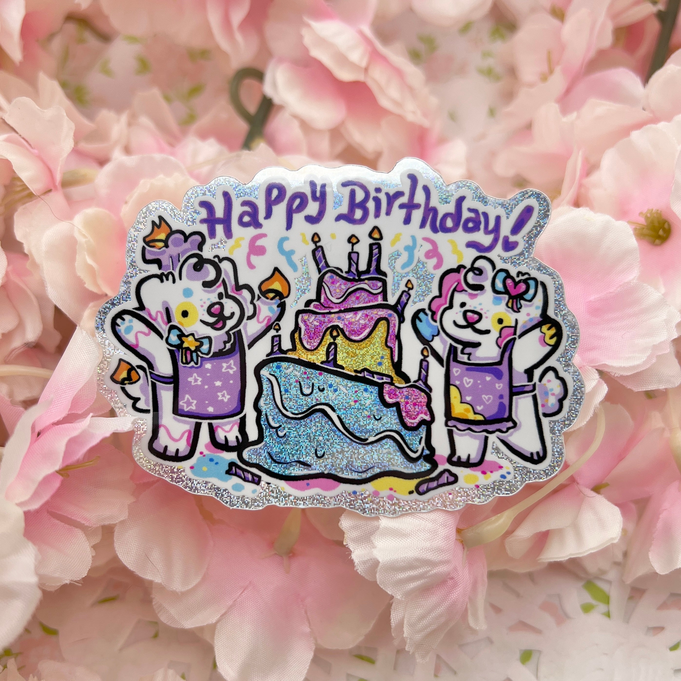 "Happy Birthday!" Confetti and Fondant Birthday Puppies ~ Pixie Dust Glitter Sticker