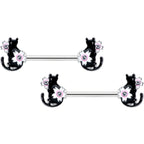 14G 9/16 Clear Gem Flowers Black Cat Barbell Nipple Ring Set