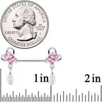 14G 9/16 Heart Pink Butterfly Dangle Barbell Nipple Ring Set